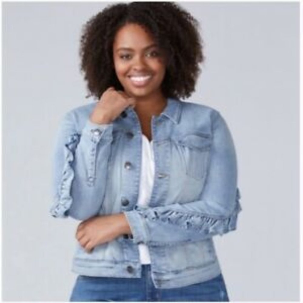 SOLD! NEW Lane Bryant Plus Size Light Wash Denim Jacket with Ruffle Detail - Picture 1 of 10